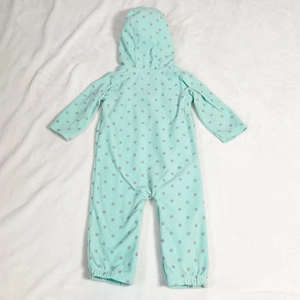 5/$25 Carter's Mint Polar Bear‎ Fleece Hooded Jumpsuit Pajamas Sleeper 6-9M